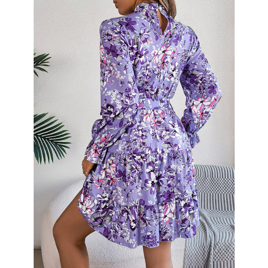 Printed Mock Neck Flounce Sleeve Mini Dress Apparel and Accessories