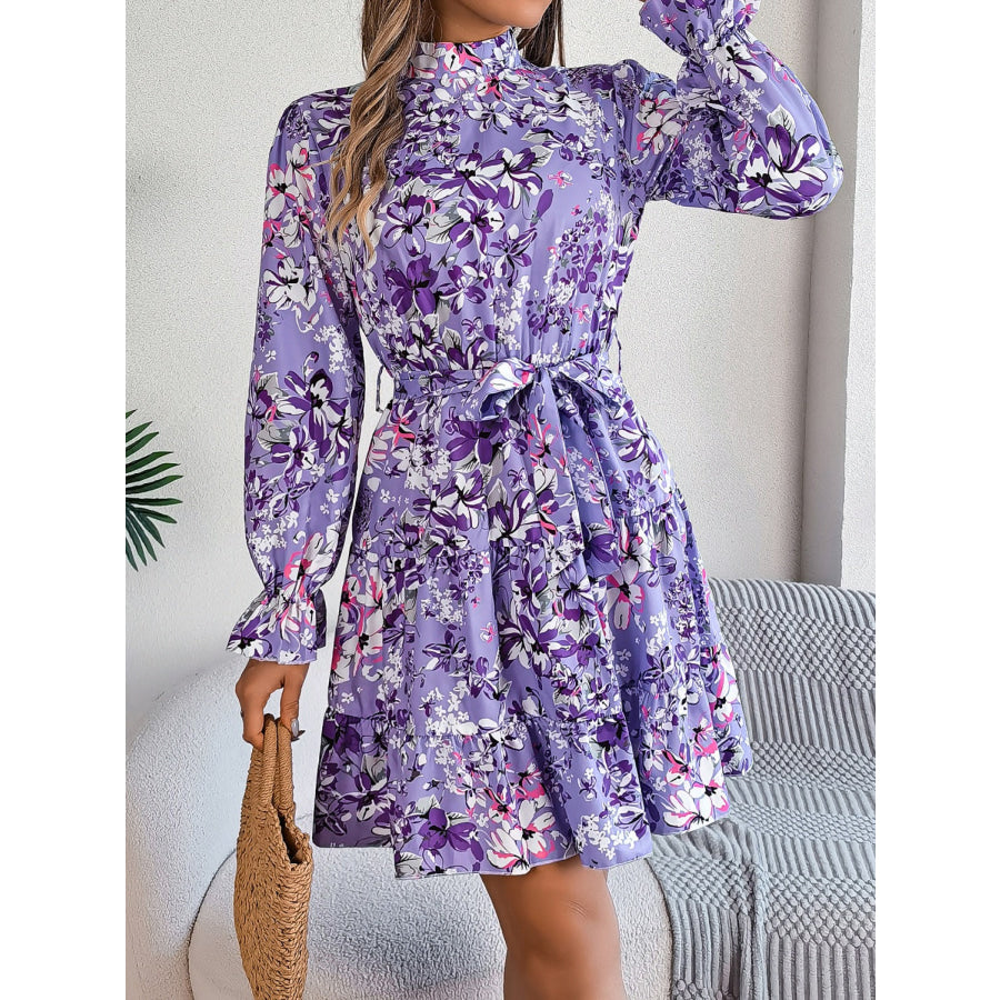 Printed Mock Neck Flounce Sleeve Mini Dress Lavender / S Apparel and Accessories