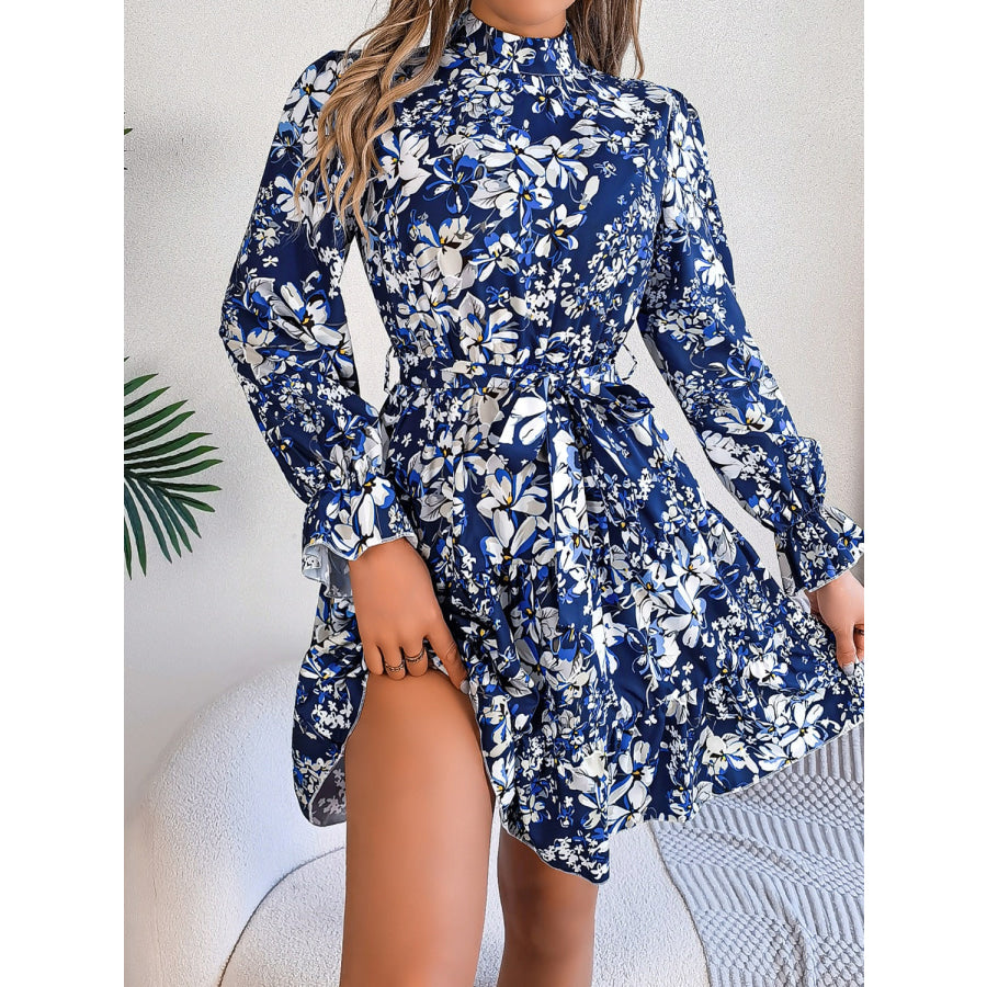 Printed Mock Neck Flounce Sleeve Mini Dress Navy / S Apparel and Accessories