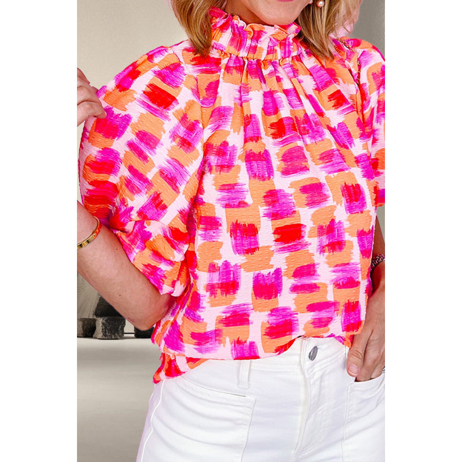 Printed Mock Neck Half Sleeve Blouse Strawberry / S Apparel and Accessories