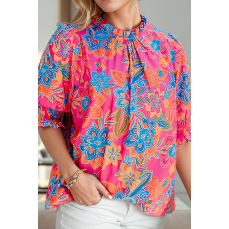 Printed Mock Neck Half Sleeve Blouse Apparel and Accessories