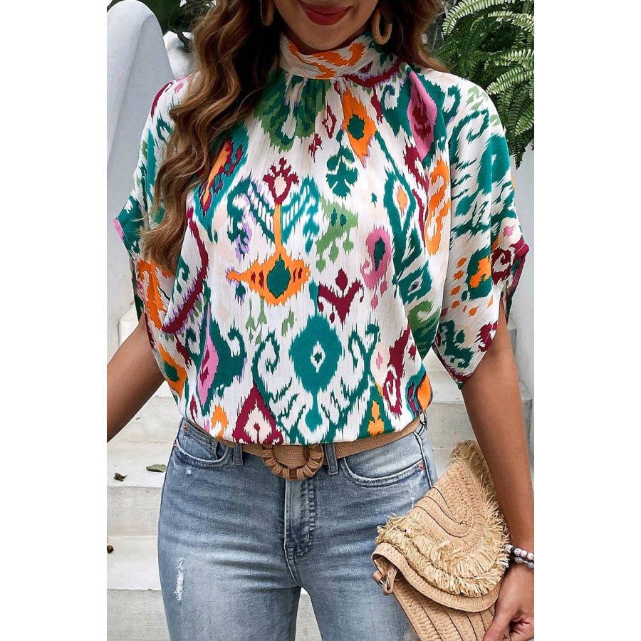 Printed Mock Neck Half Sleeve Blouse Dark Green / S Shirts &amp; Tops