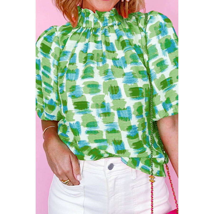 Printed Mock Neck Half Sleeve Blouse Green / L Apparel and Accessories