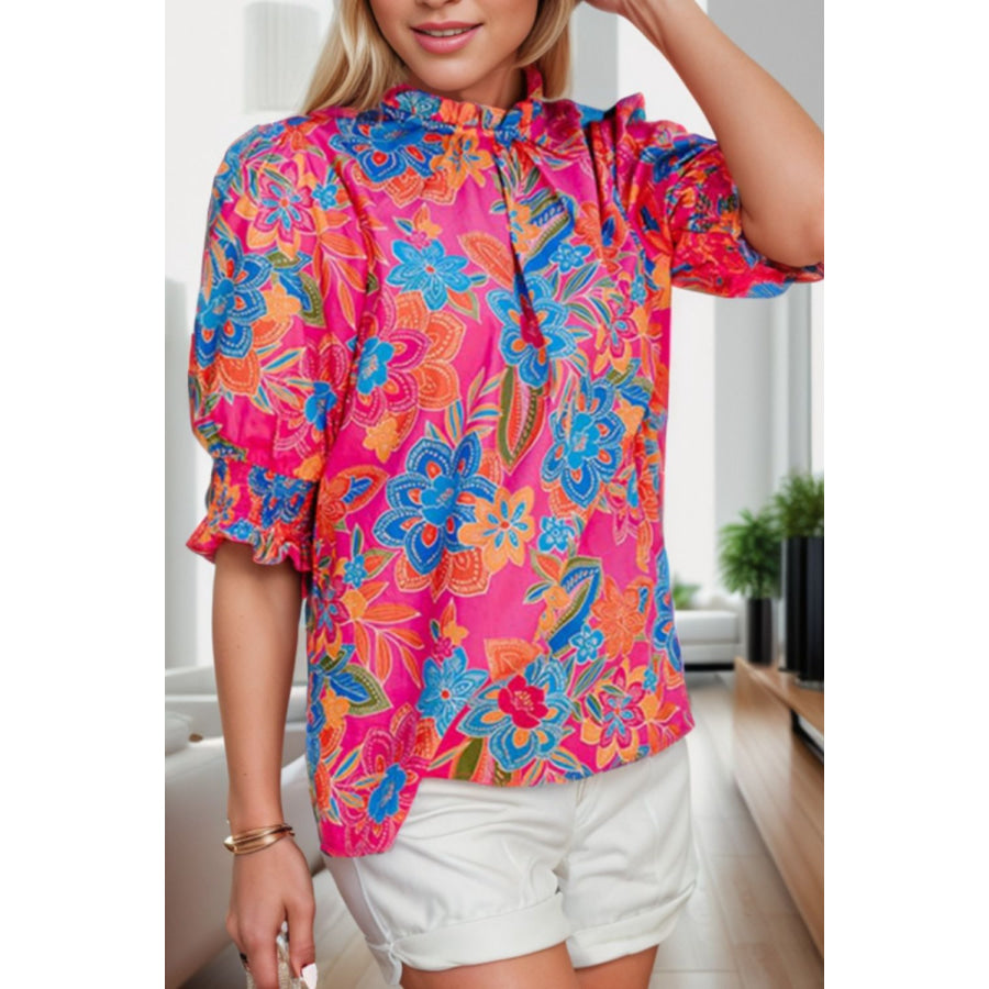 Printed Mock Neck Half Sleeve Blouse Hot Pink / S Apparel and Accessories