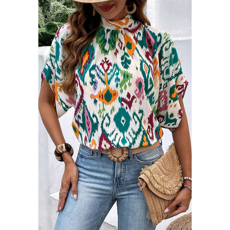 Printed Mock Neck Half Sleeve Blouse Shirts &amp; Tops