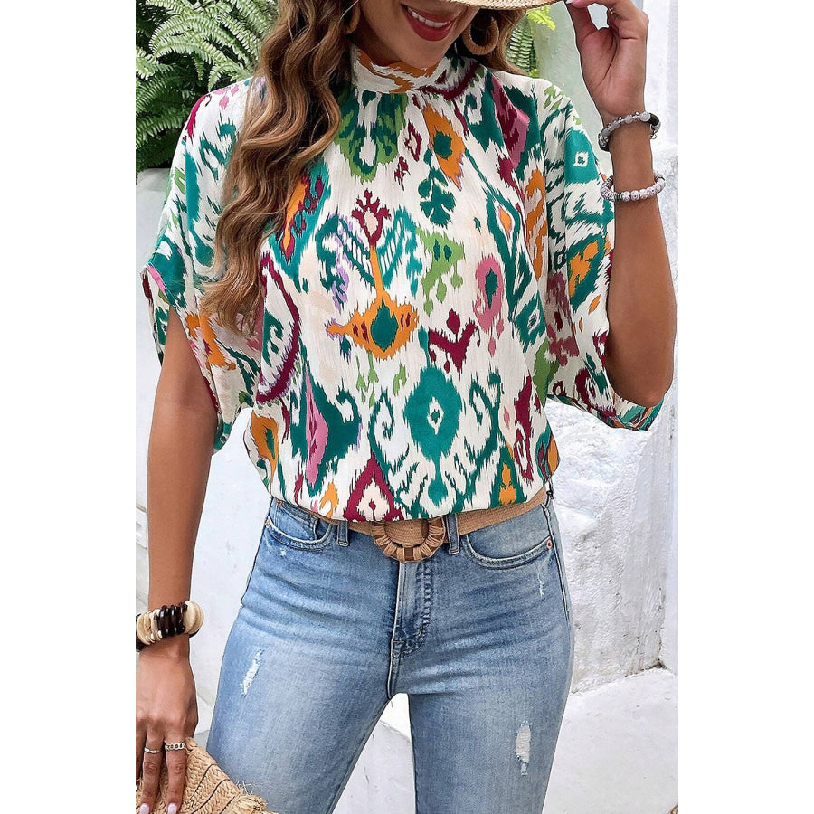 Printed Mock Neck Half Sleeve Blouse Dark Green / S Shirts & Tops