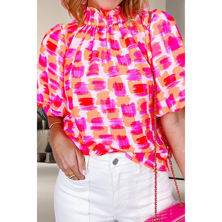 Printed Mock Neck Half Sleeve Blouse Strawberry / S Apparel and Accessories