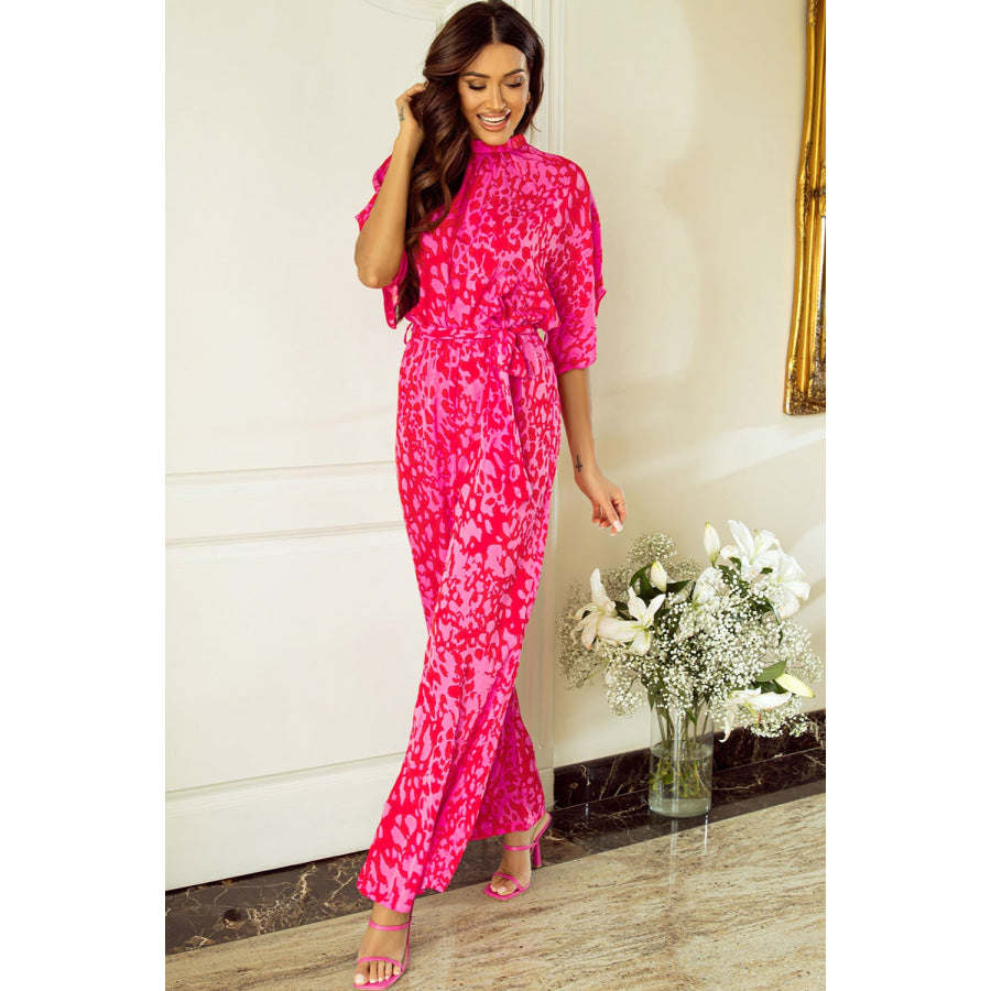 Printed Mock Neck Kimono Sleeve Jumpsuit Hot Pink / S Apparel and Accessories