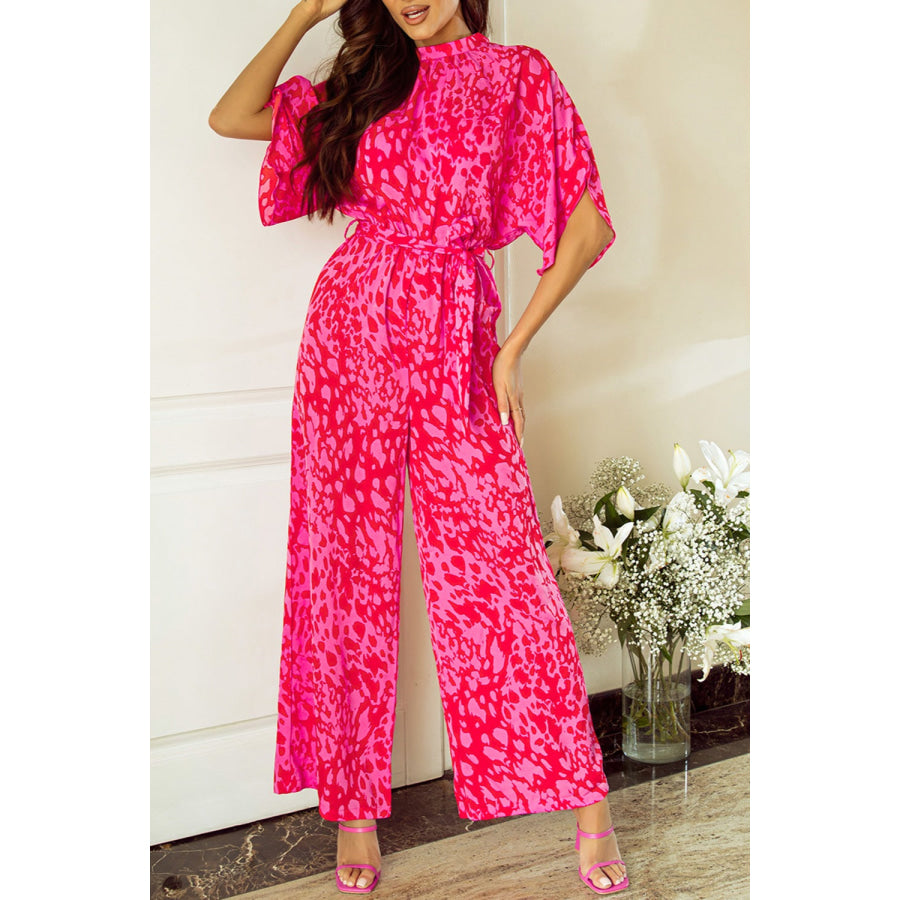 Printed Mock Neck Kimono Sleeve Jumpsuit Hot Pink / S Apparel and Accessories