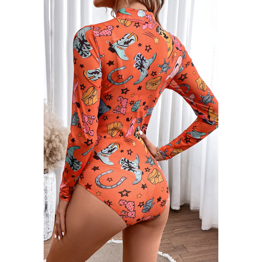 Printed Mock Neck Long Sleeve Bodysuit Apparel and Accessories