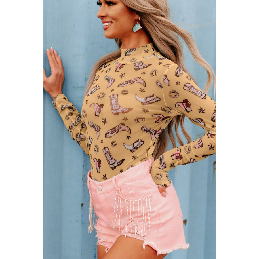 Printed Mock Neck Long Sleeve Bodysuit Apparel and Accessories