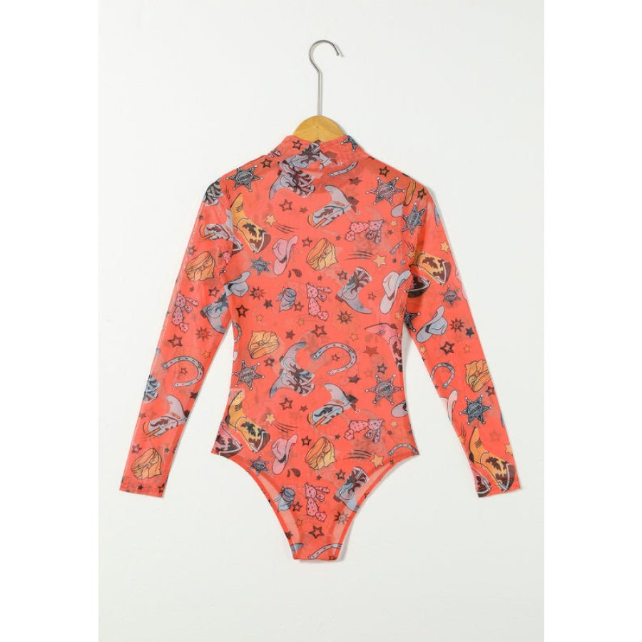 Printed Mock Neck Long Sleeve Bodysuit Apparel and Accessories