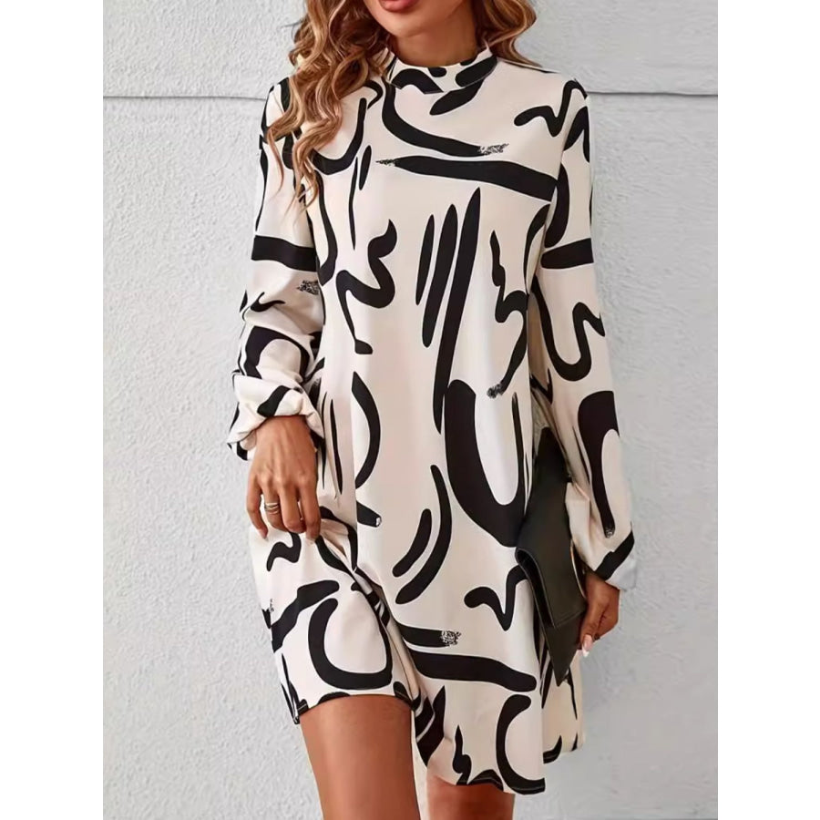 Printed Mock Neck Long Sleeve Mini Dress Cream / S Apparel and Accessories