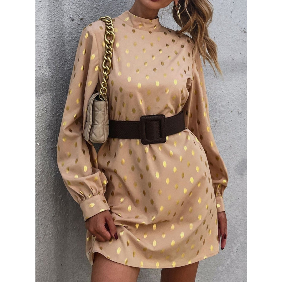 Printed Mock Neck Long Sleeve Mini Dress Tan / M Apparel and Accessories