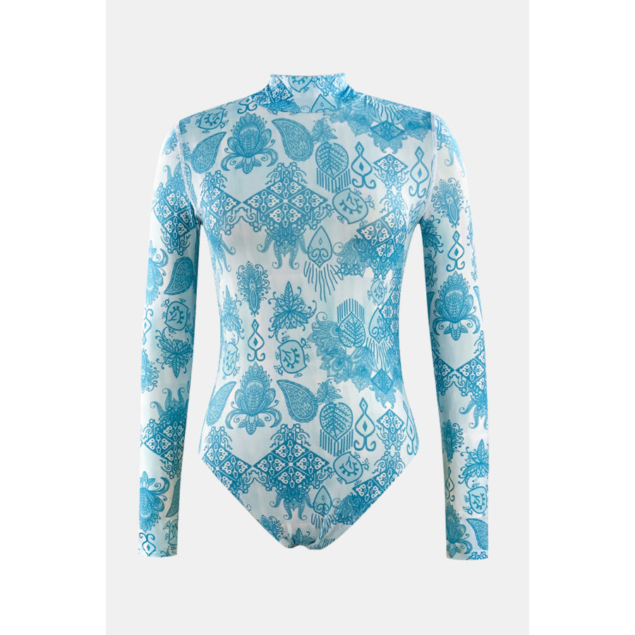 Printed Mock Neck Long Sleeve One - Piece Swimwear Apparel and Accessories