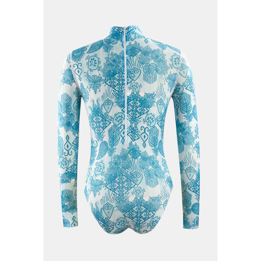 Printed Mock Neck Long Sleeve One - Piece Swimwear Apparel and Accessories