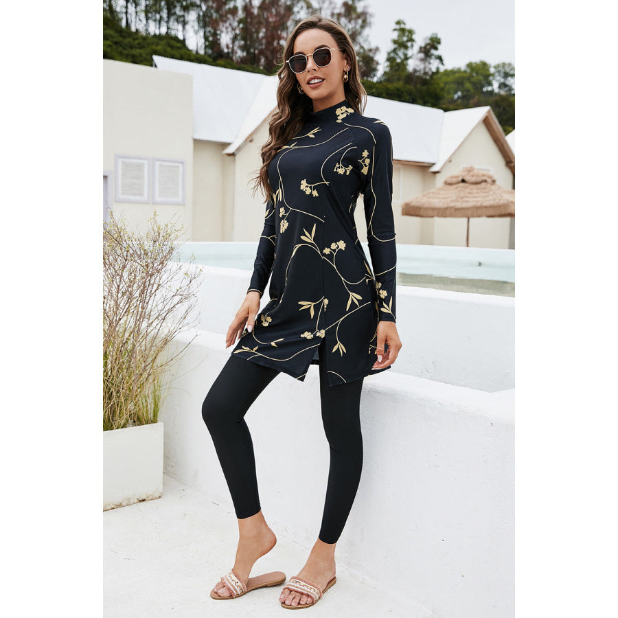 Printed Mock Neck Long Sleeve Top and Pants Swim Set Apparel and Accessories