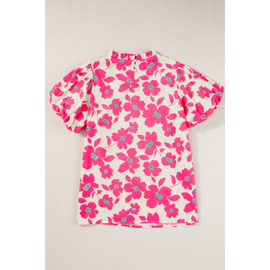 Printed Mock Neck Puff Sleeve Blouse Apparel and Accessories