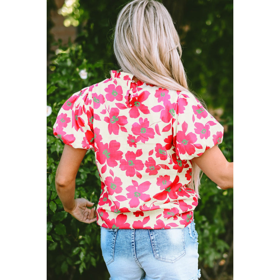 Printed Mock Neck Puff Sleeve Blouse Apparel and Accessories