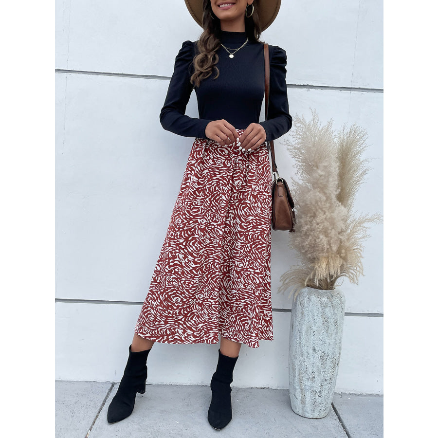 Printed Mock Neck Puff Sleeve Midi Dress Navy / S Apparel and Accessories