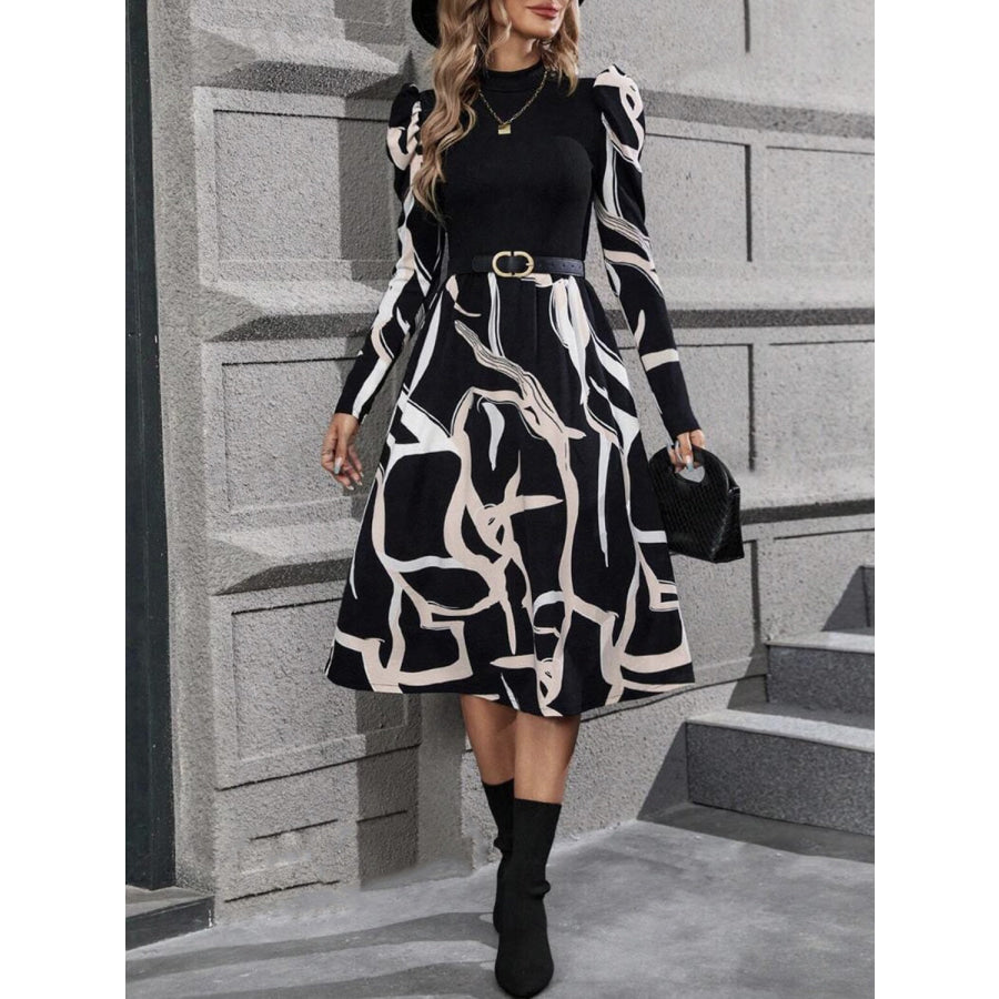 Printed Mock Neck Puff Sleeve Mini Dress Apparel and Accessories