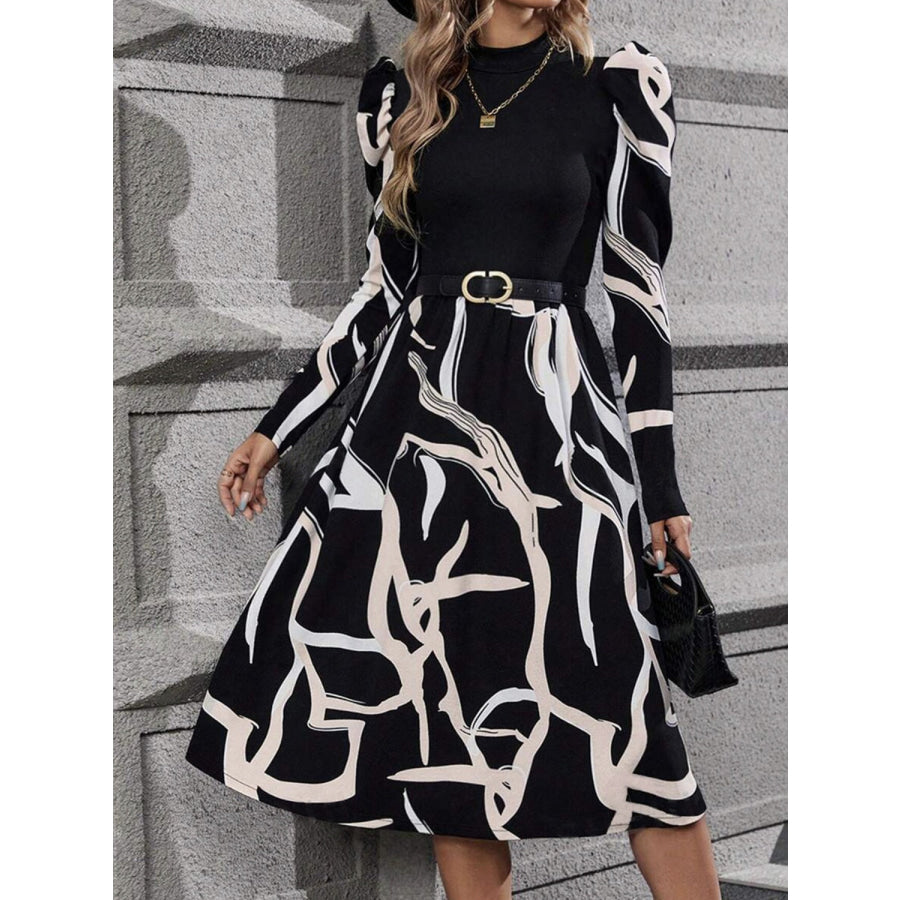 Printed Mock Neck Puff Sleeve Mini Dress Black / S Apparel and Accessories