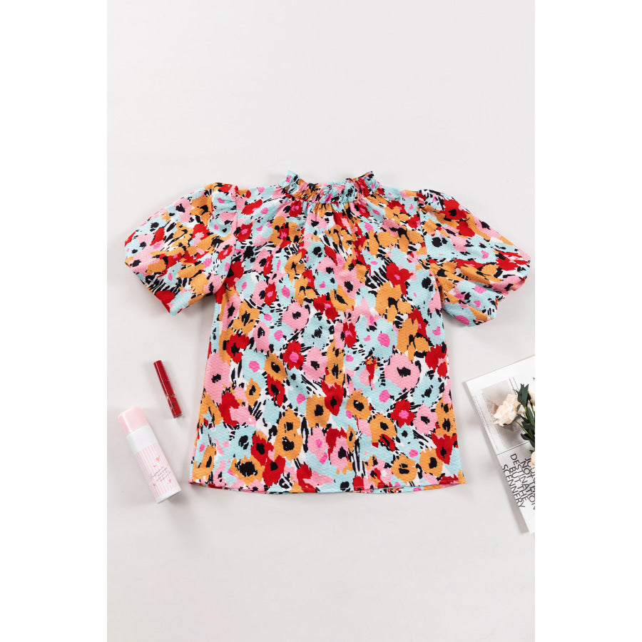 Printed Mock Neck Short Sleeve Blouse Apparel and Accessories