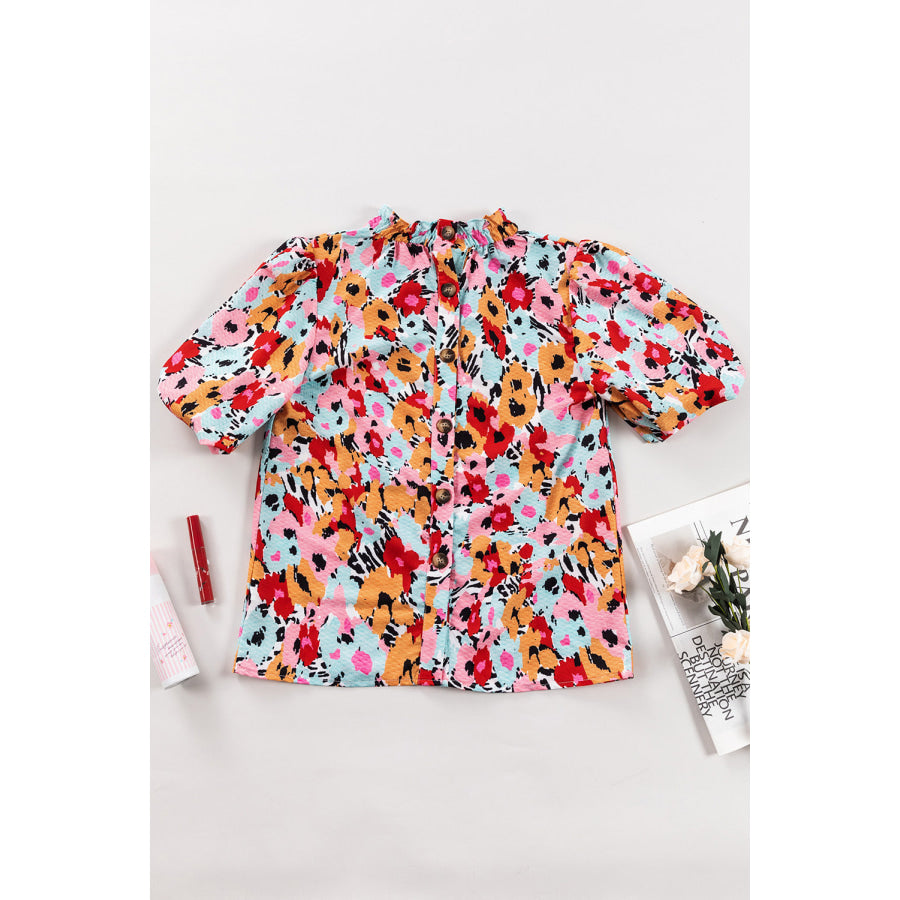 Printed Mock Neck Short Sleeve Blouse Apparel and Accessories