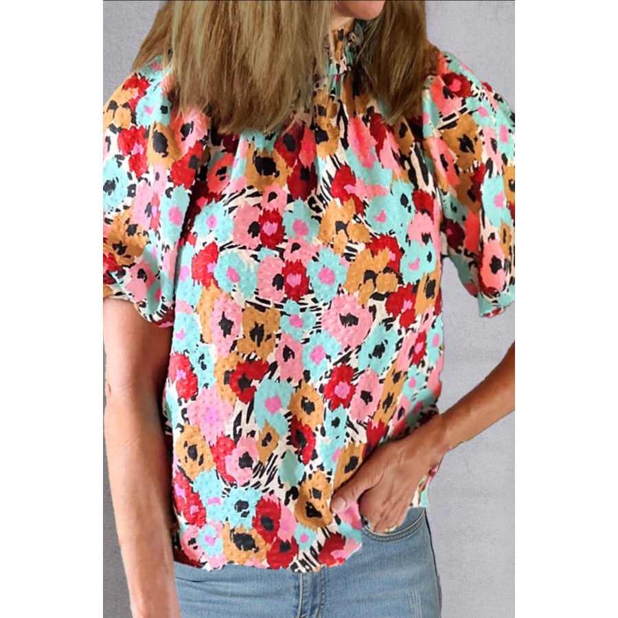 Printed Mock Neck Short Sleeve Blouse Multicolor / S Apparel and Accessories