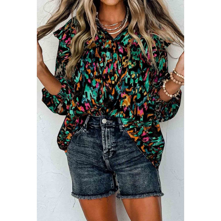 Printed Nochted Neck Ruffled Blouse Black / S