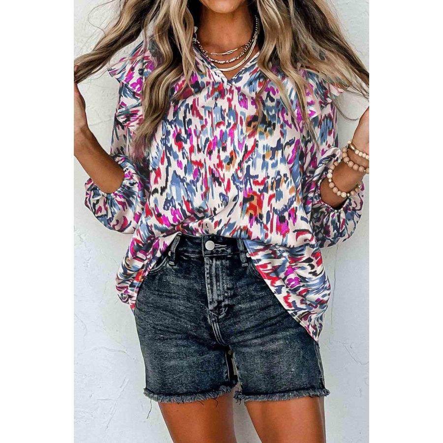 Printed Nochted Neck Ruffled Blouse Lilac / S