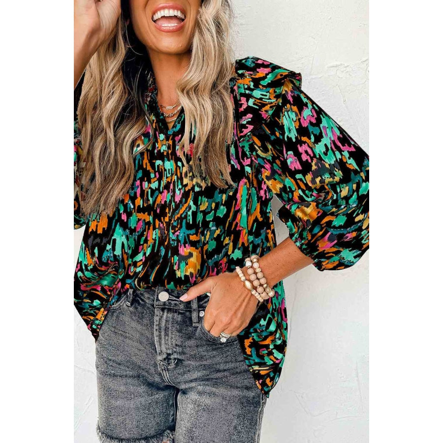 Printed Nochted Neck Ruffled Blouse