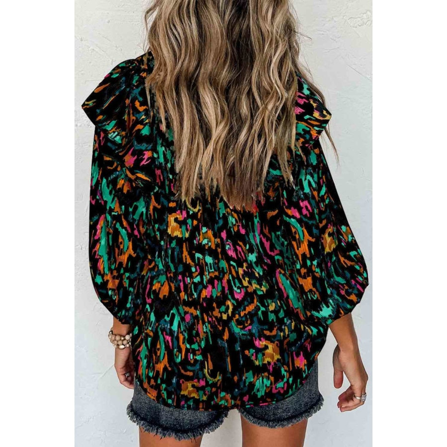 Printed Nochted Neck Ruffled Blouse