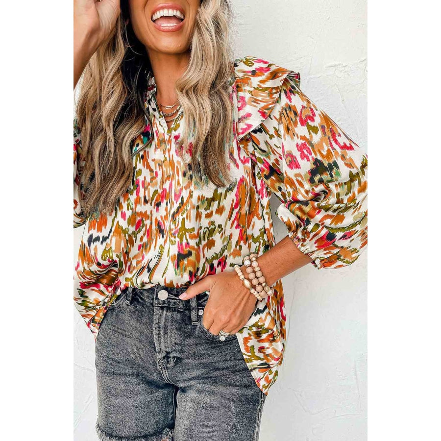 Printed Nochted Neck Ruffled Blouse