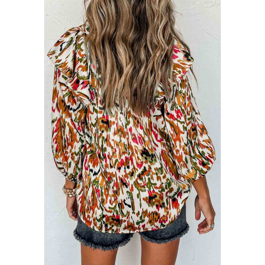 Printed Nochted Neck Ruffled Blouse