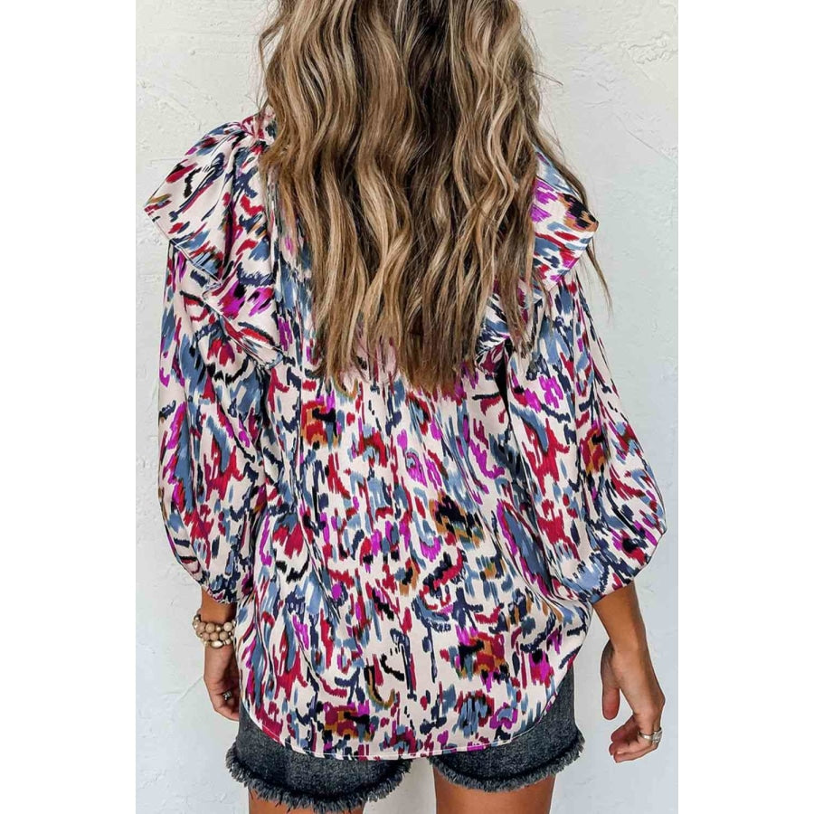 Printed Nochted Neck Ruffled Blouse