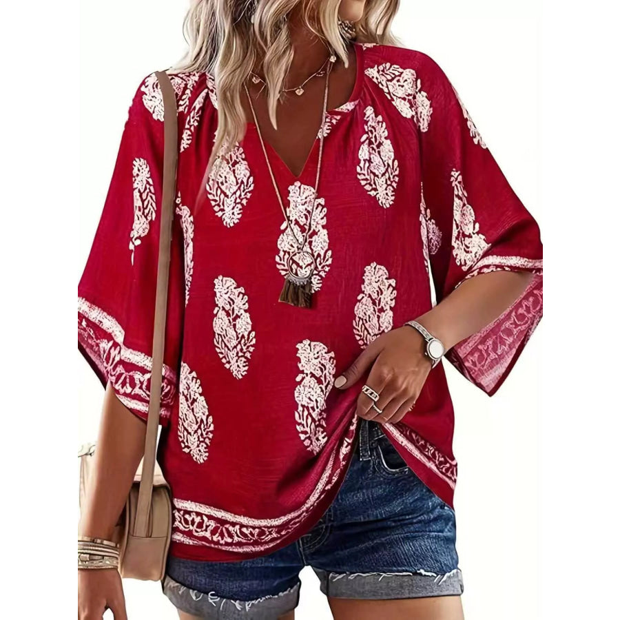 Printed Notched 3/4 Sleeve Blouse Apparel and Accessories