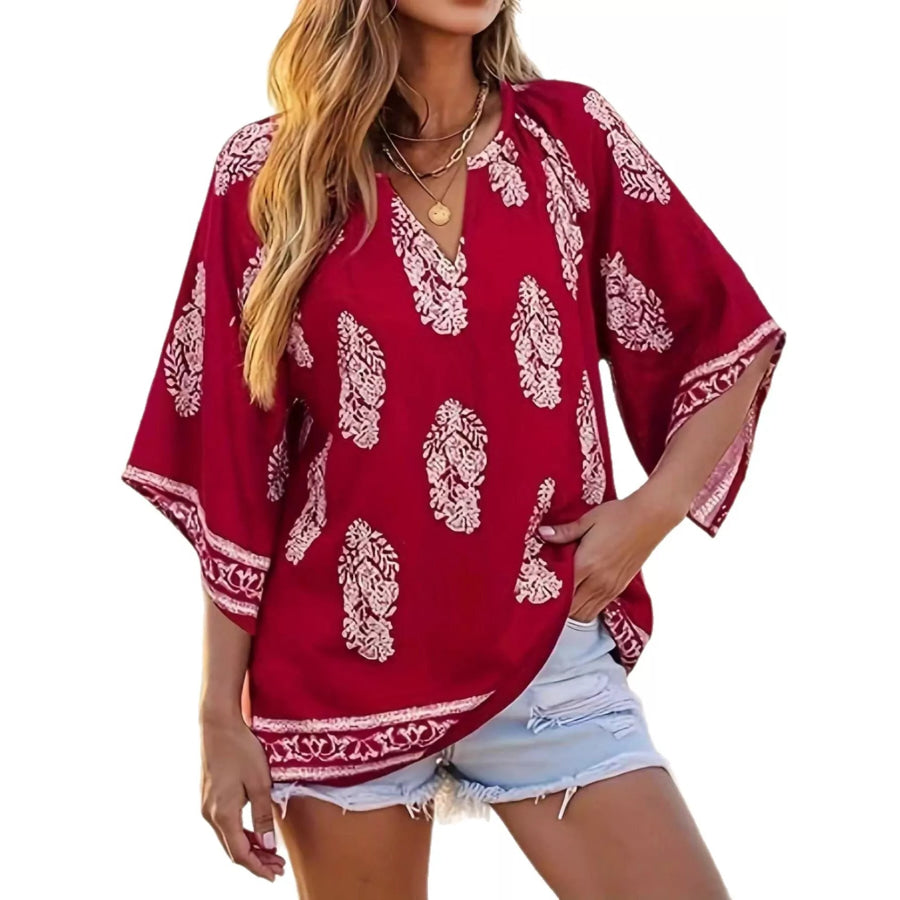 Printed Notched 3/4 Sleeve Blouse Apparel and Accessories