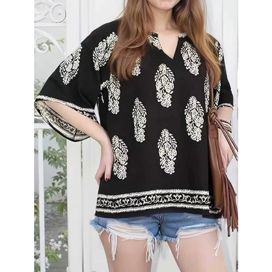 Printed Notched 3/4 Sleeve Blouse Apparel and Accessories