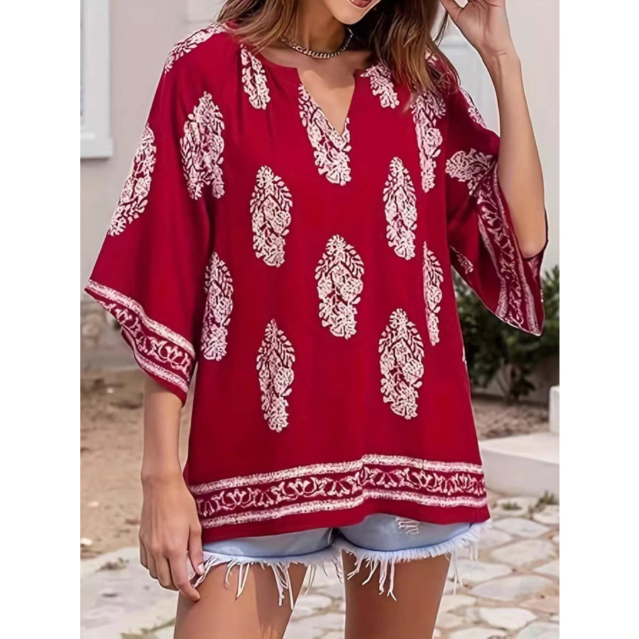 Printed Notched 3/4 Sleeve Blouse Apparel and Accessories