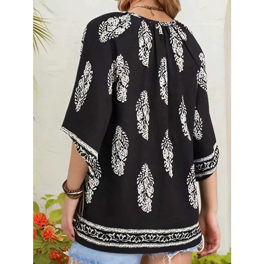 Printed Notched 3/4 Sleeve Blouse Apparel and Accessories