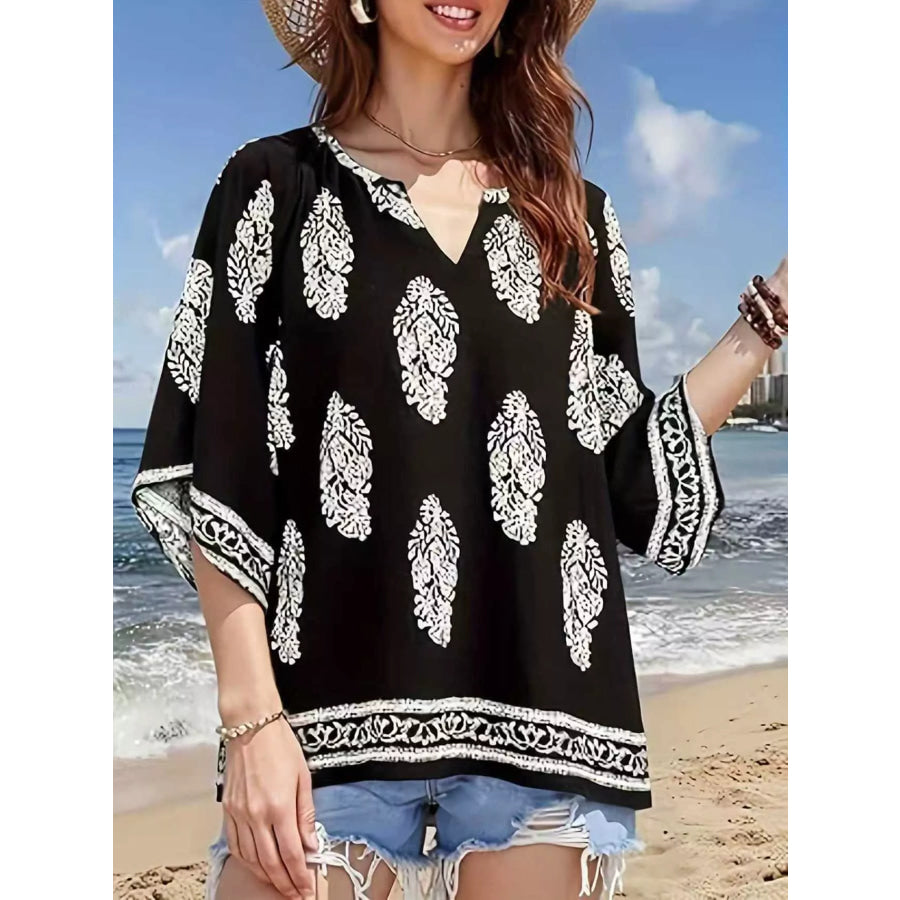 Printed Notched 3/4 Sleeve Blouse Black / S Apparel and Accessories
