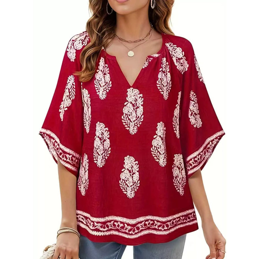 Printed Notched 3/4 Sleeve Blouse Red / S Apparel and Accessories