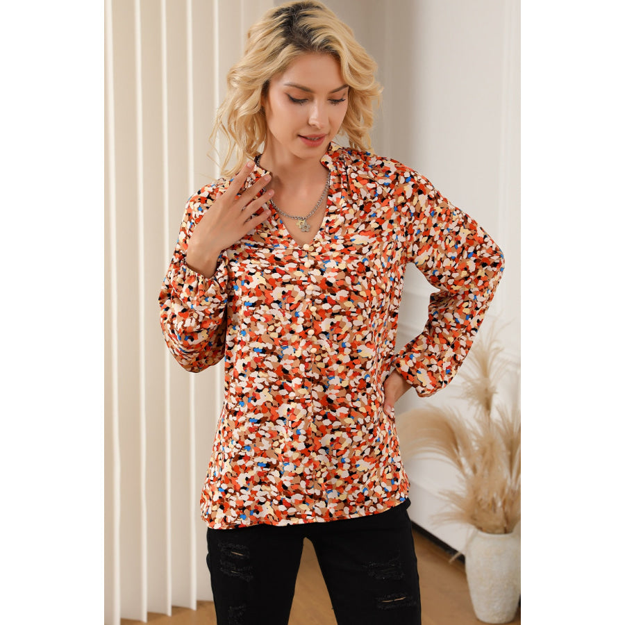 Printed Notched Balloon Sleeve Blouse Apparel and Accessories