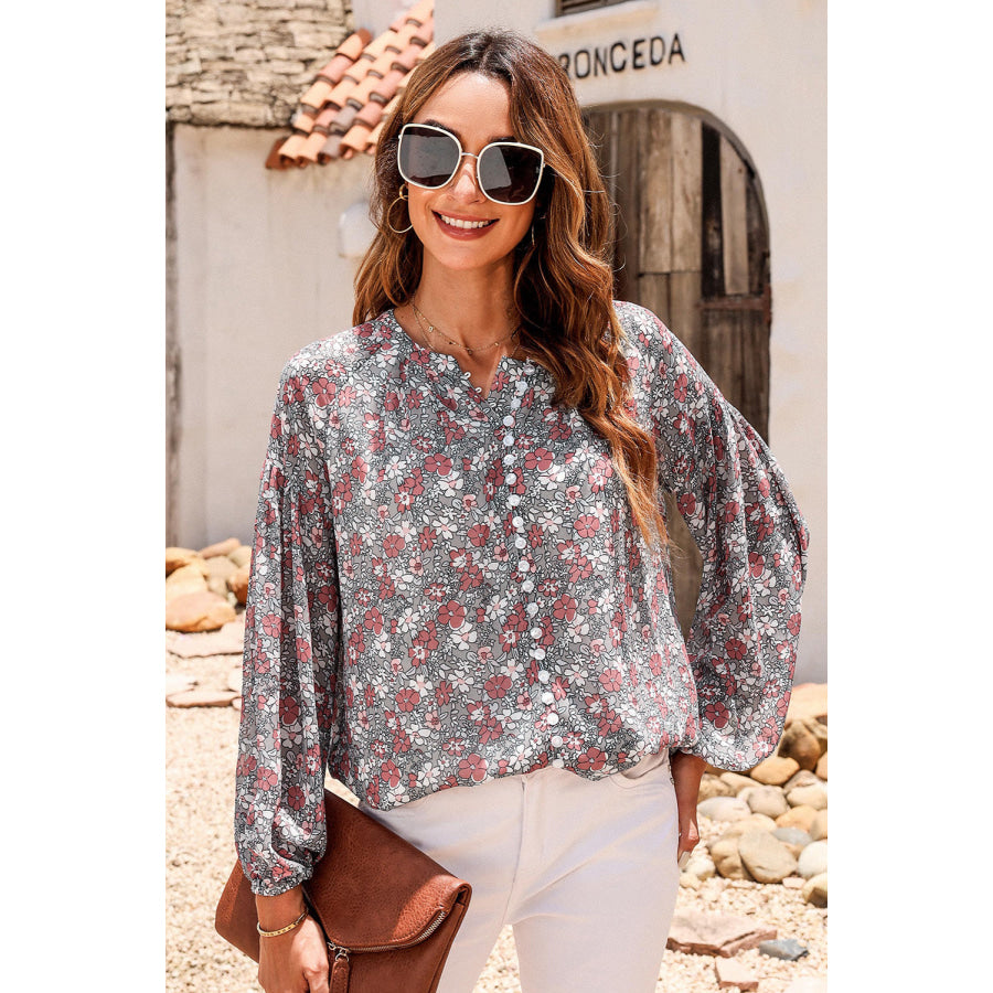 Printed Notched Balloon Sleeve Blouse Apparel and Accessories