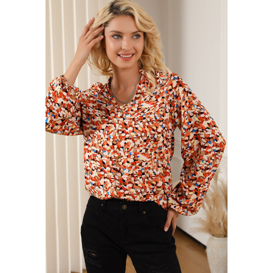 Printed Notched Balloon Sleeve Blouse Apparel and Accessories