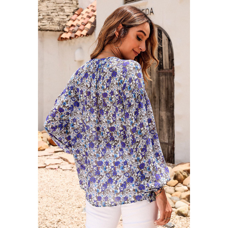 Printed Notched Balloon Sleeve Blouse Apparel and Accessories