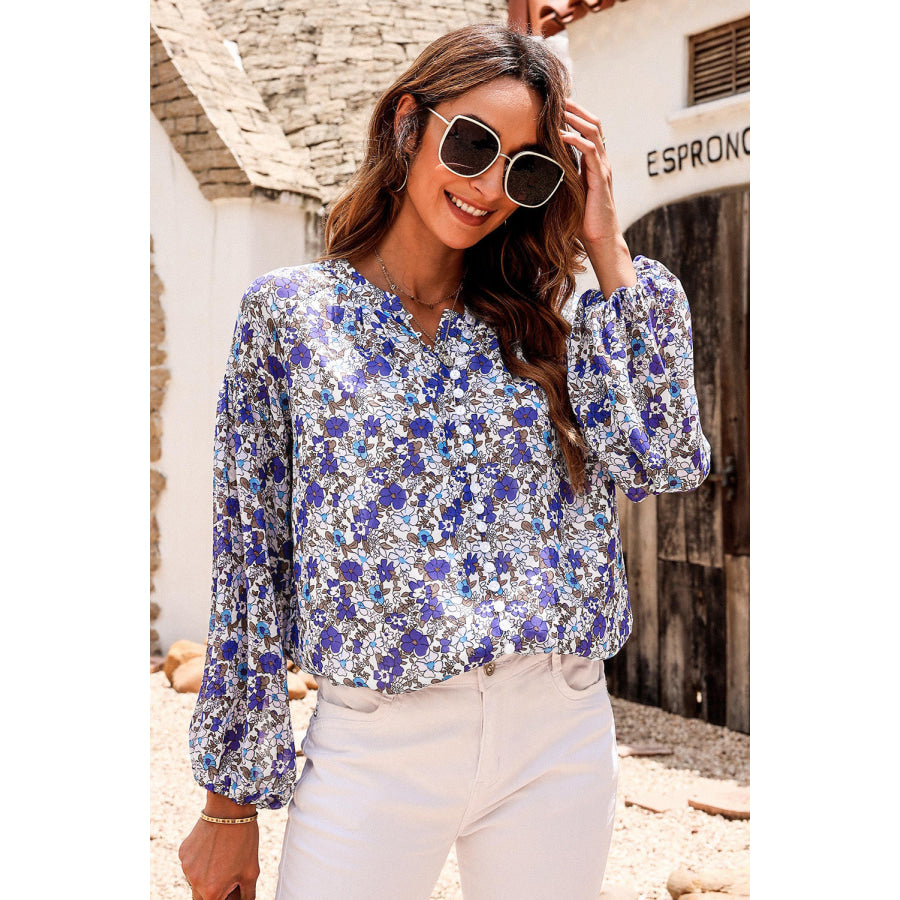 Printed Notched Balloon Sleeve Blouse Apparel and Accessories