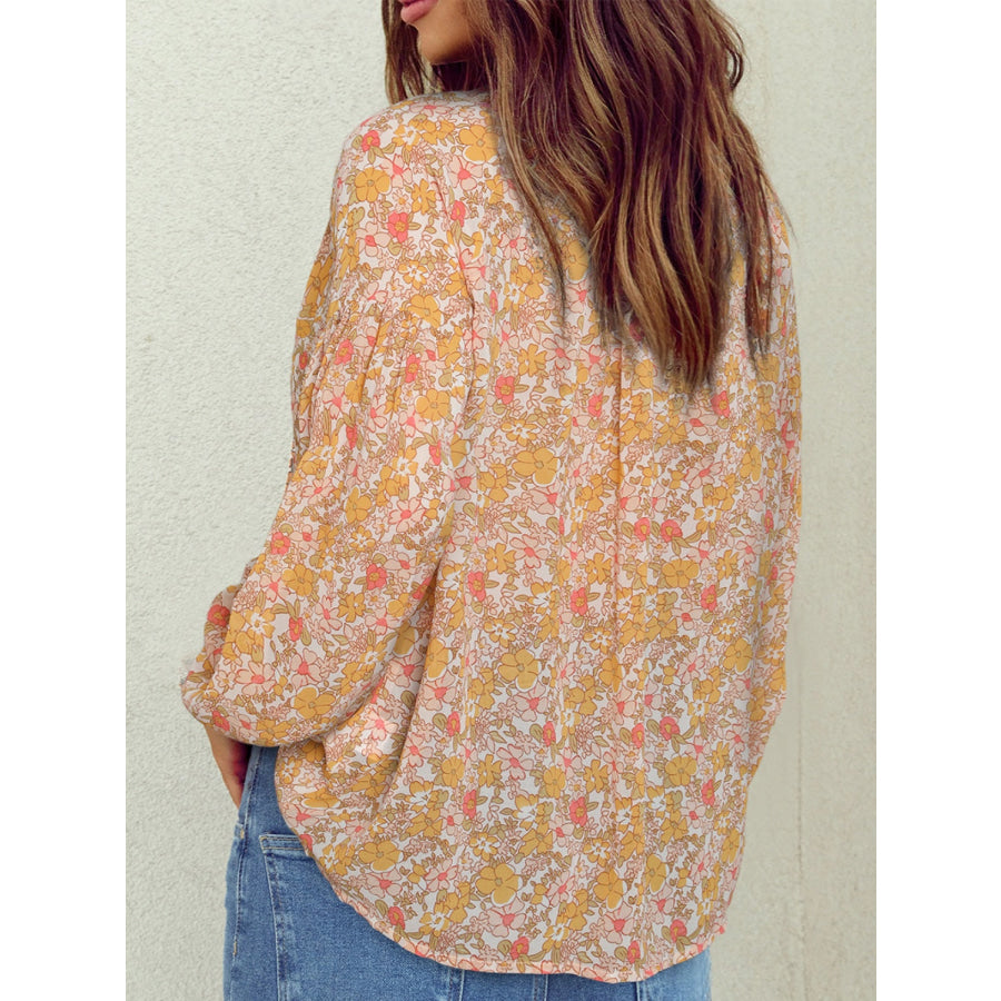 Printed Notched Balloon Sleeve Blouse Apparel and Accessories