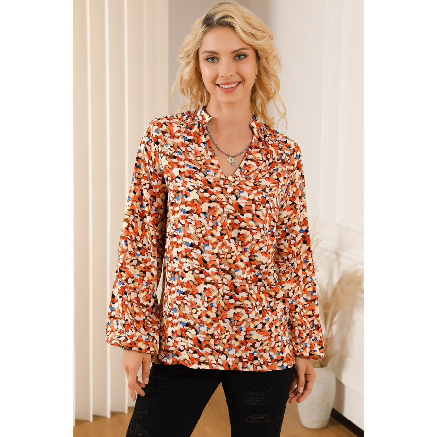 Printed Notched Balloon Sleeve Blouse Apparel and Accessories